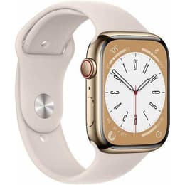 Apple Watch Series 8 (2022) GPS + Cellular 45 mm - Rostfreier Stahl Gold - Sportarmband Weiß