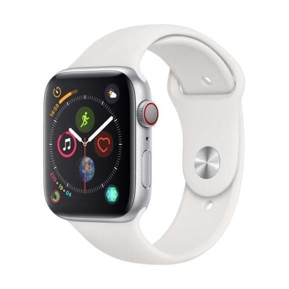Apple Watch (Series 4) GPS 44 mm - Rostfreier Stahl Silber - Sportarmband Weiß